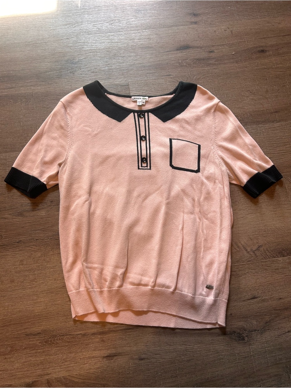 Lacoste Polo Top Womens Size 8 Pink Knit Contrast Collar Cuffs Chest